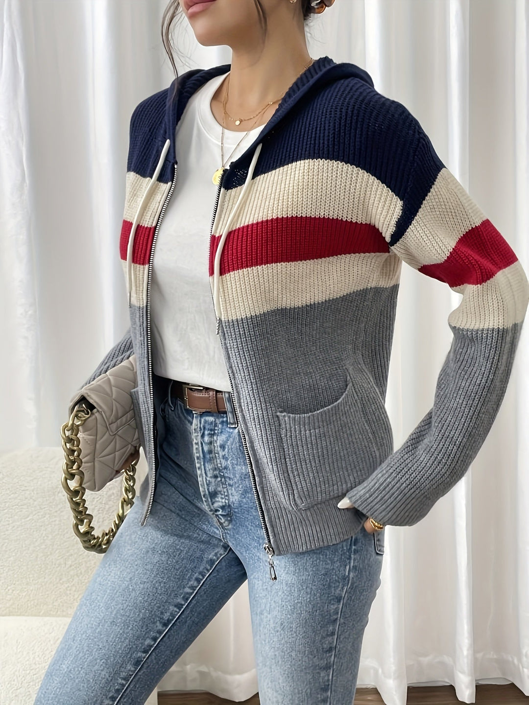Susannah | Color-Block Hooded Zip Cardigan