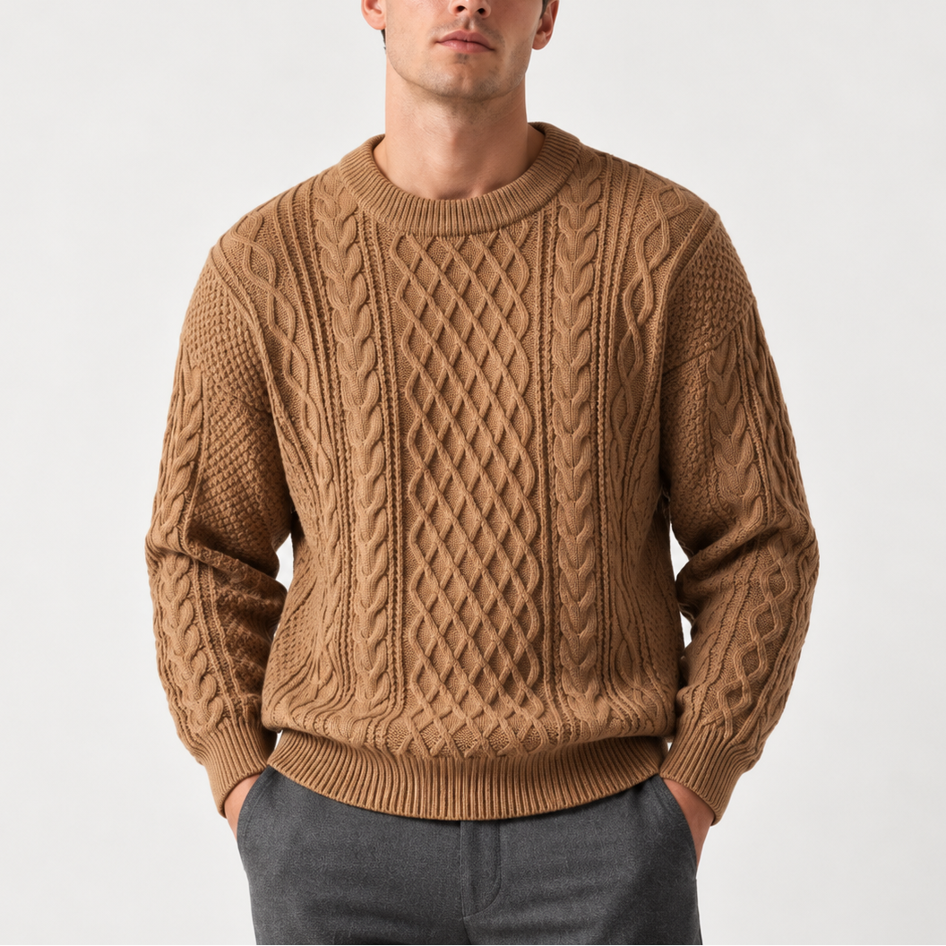 Men’s Gray Cable Knit Crew Neck Sweater – Warm Winter Sweater
