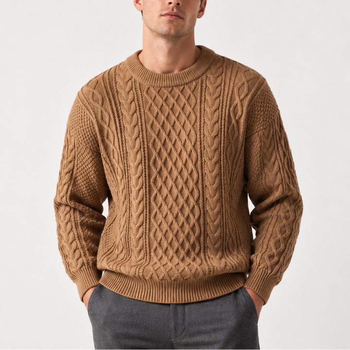 Men’s Gray Cable Knit Crew Neck Sweater – Warm Winter Sweater