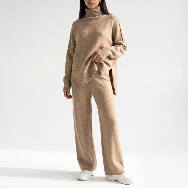 Women’s Knitted Lounge Set – Turtleneck Sweater & Wide-Leg Pants