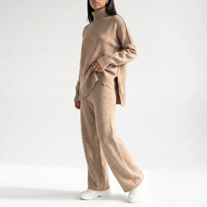 Women’s Knitted Lounge Set – Turtleneck Sweater & Wide-Leg Pants